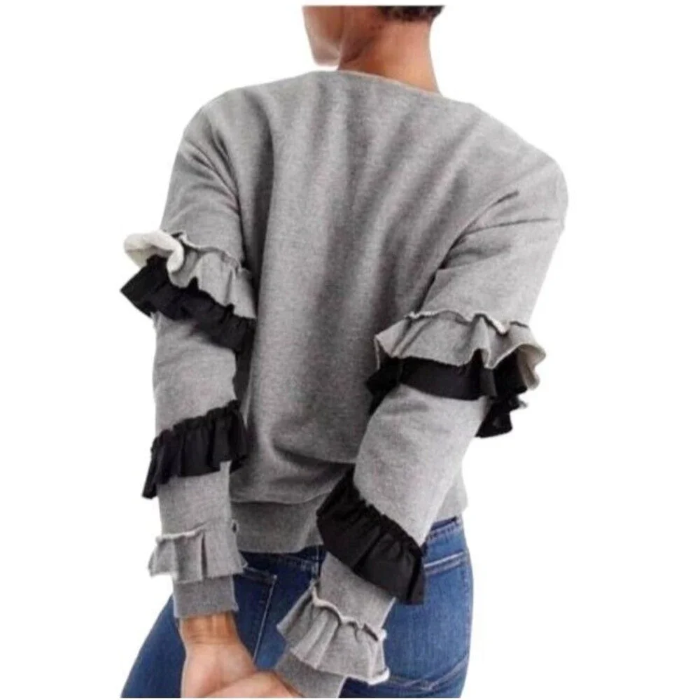 J. Crew Women's Pullover Sweatshirt w Ruffled Sleeve Size S NWOT Gray Black